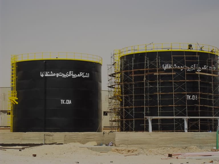 Industrial storage tanks with scaffolding