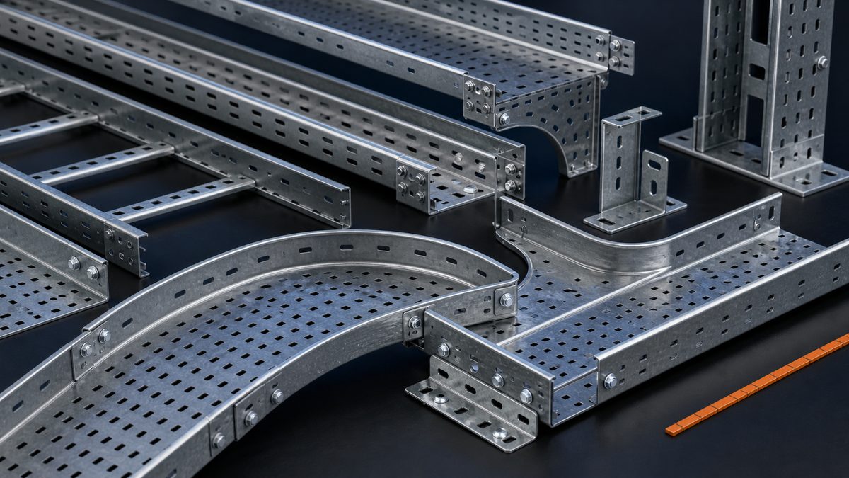 Galvanized cable trays, cable ladders, bends, couplers, and support brackets