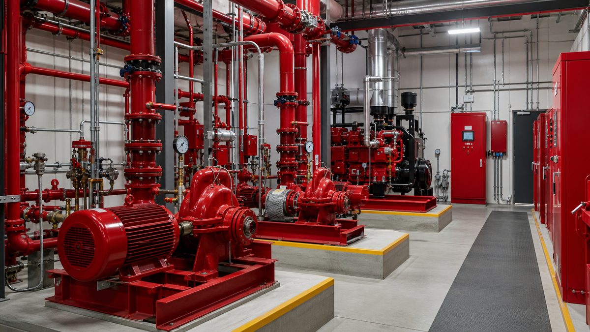 Industrial firefighting pump room with pumps, red pipework, valves, and control panels