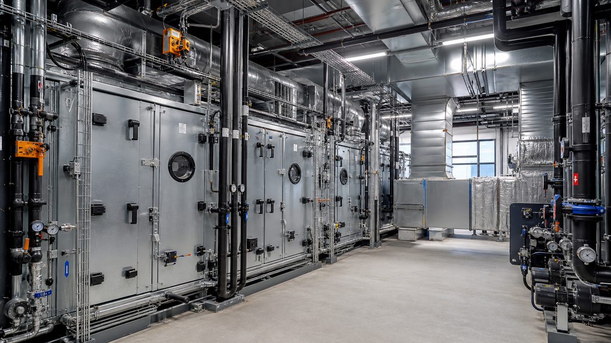 Modern industrial HVAC plant room with air-handling units and coordinated ductwork