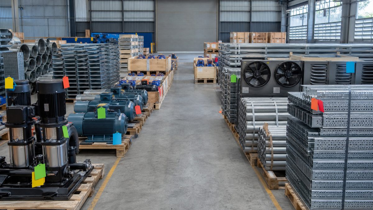 Mechanical and electrical project supplies staged for inspection and dispatch